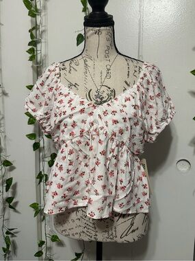 No Boundaries White Peplum Top with Red Floral Print